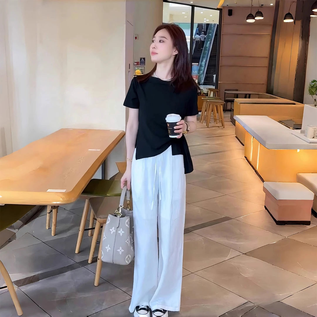 韩系夏日穿搭一整套设计感开叉绑带T恤女直筒显瘦阔腿休闲裤套装