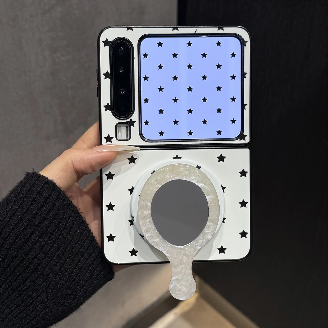 适用华为purax折叠屏手机壳黑白粉皮质pocket2星星镜子磁吸支架女