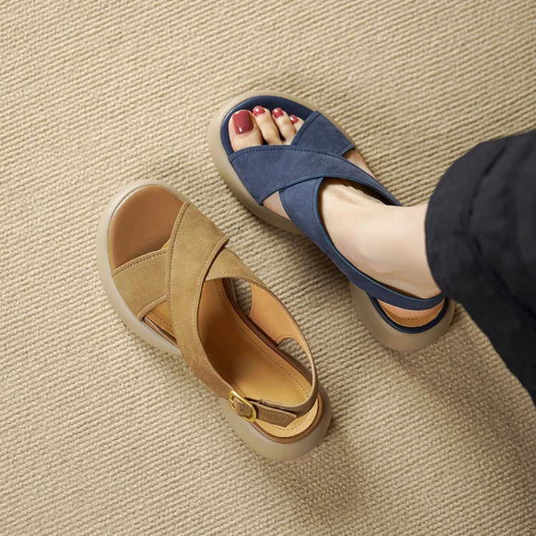 4CM 2025夏季新款粗跟厚底凉鞋时尚百搭中跟圆头复古真皮女鞋