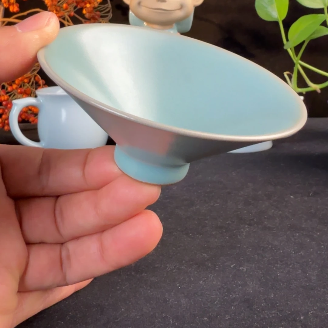 陶摆件汝瓷天蓝斗笠杯