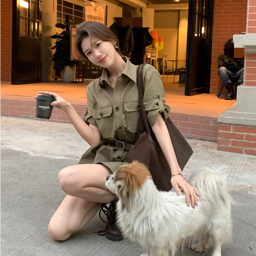 【禾呈】工装复古翻领双口袋单排扣休闲御姐显瘦狩猎装衬衫10260