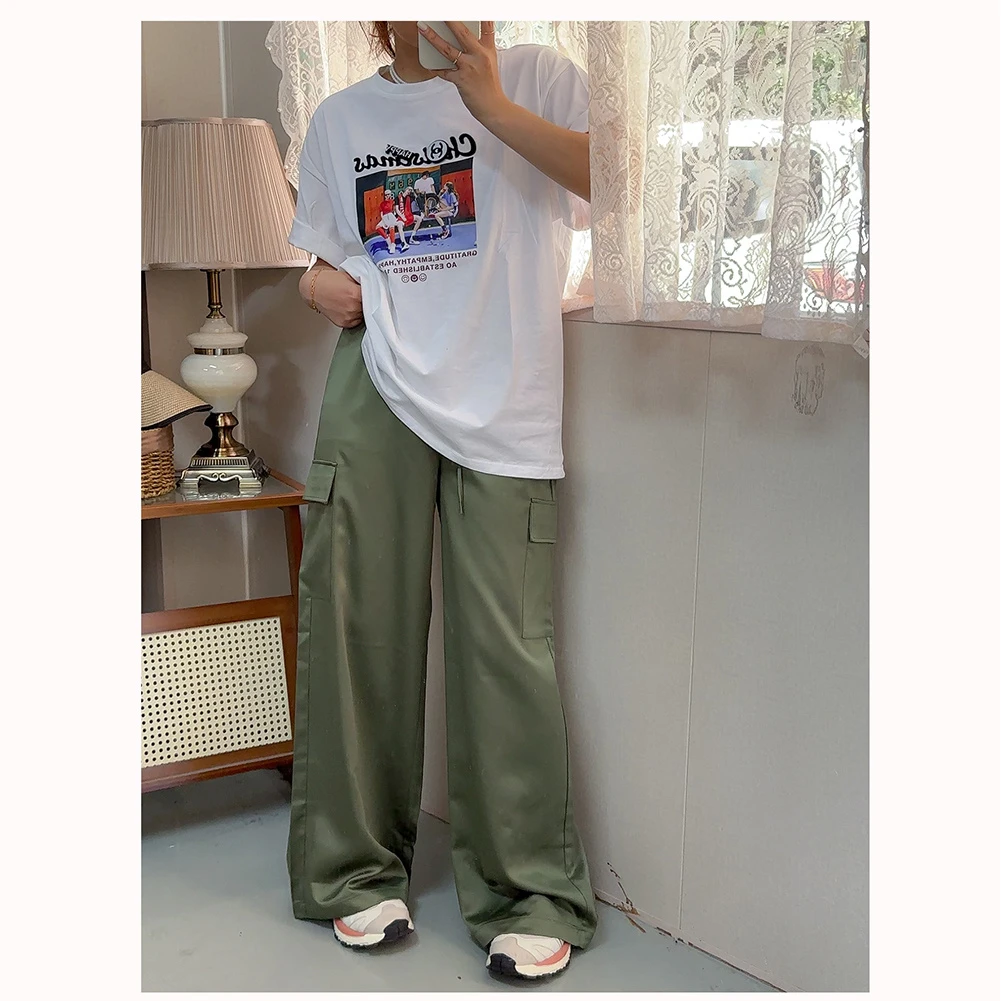 ZM328 春夏新款宽松松紧腰大口袋女士直筒休闲长裤