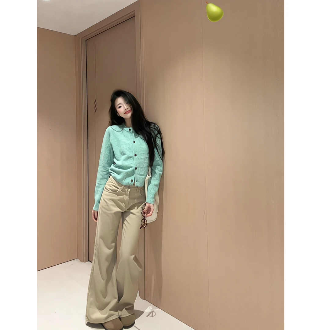 小香风毛衣开衫慵懒风外套显瘦圆领针织衫微喇叭牛仔裤拖地长裤子