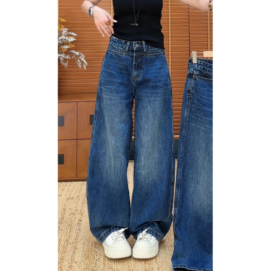 欧货秋季高腰显瘦复古蓝弯刀牛仔裤女直筒阔腿休闲宽松镰刀裤裤子