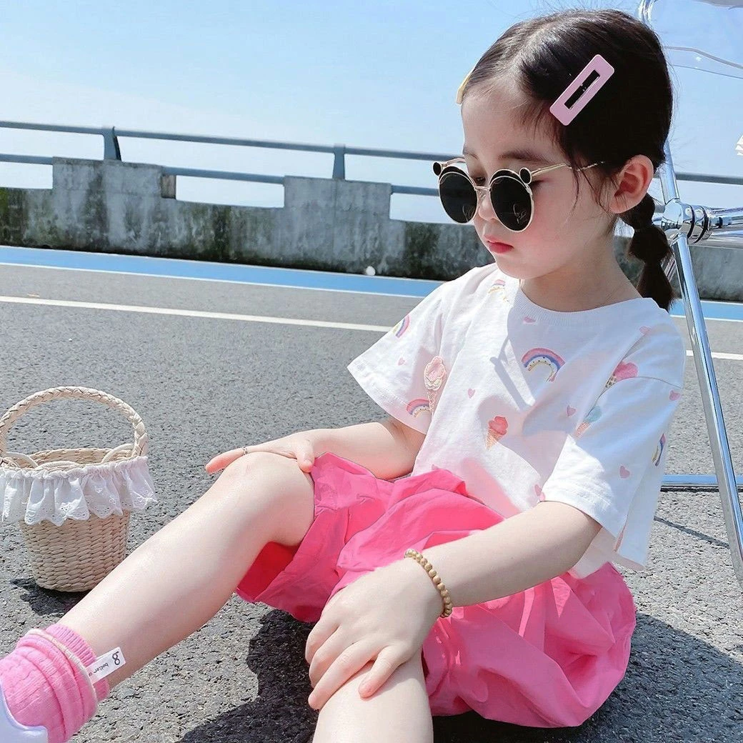 【可爱风】女童短袖T恤套装2025夏季新款百搭上衣女童韩版5分哈伦裤