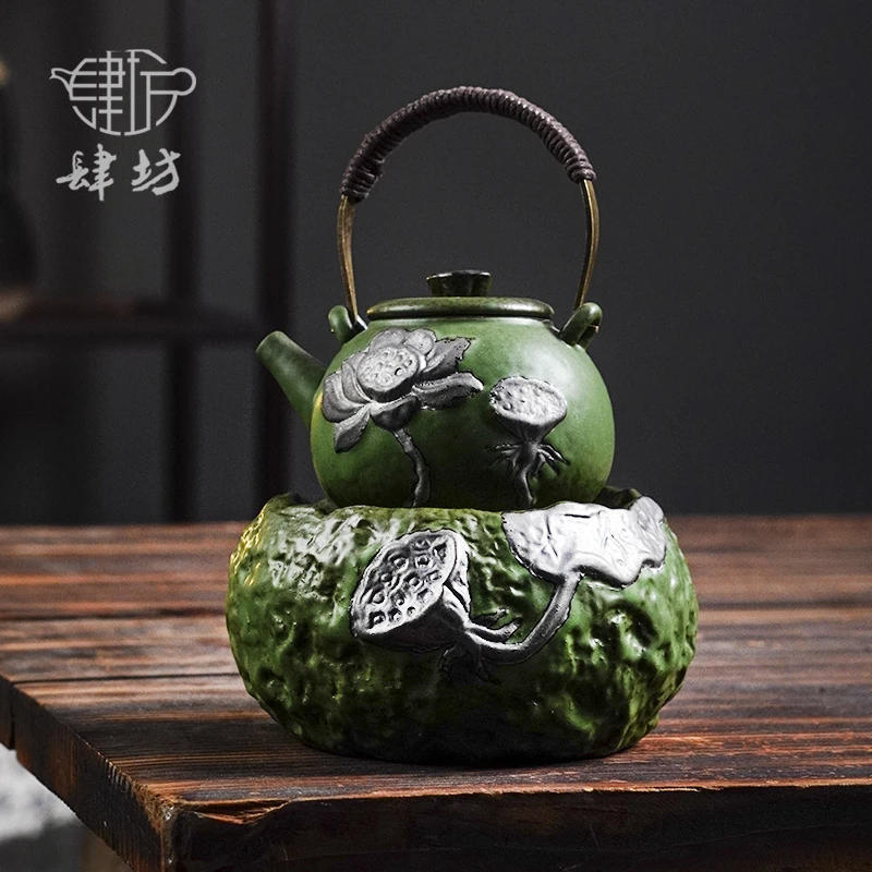 竹青浮雕并蒂莲提梁壶陶瓷莲蓬温茶炉高端暖茶炉点蜡烛高级感