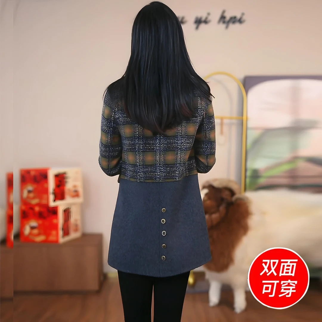 2025新款秋冬季时尚百搭中长款双面呢大衣女高端洋气格子呢子外套