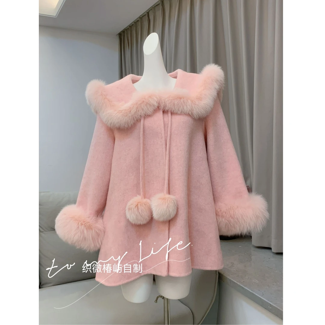 【雪国公主】可爱短款斗篷狐狸毛纯手工双面羊毛大衣女