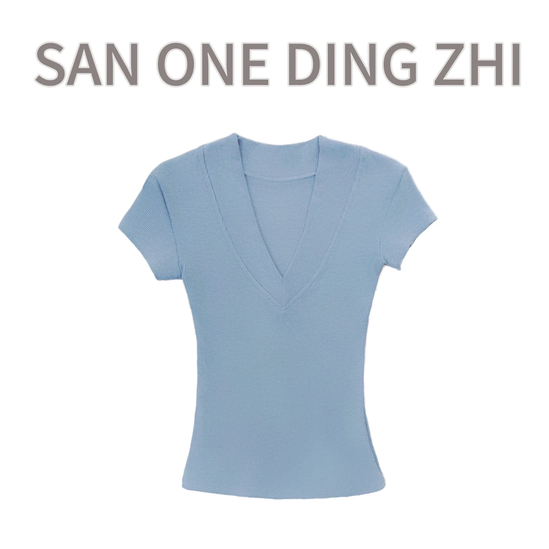 「谁穿谁美」气质V领修身短袖弹力T恤女纯色气质辣妹透气百搭上衣