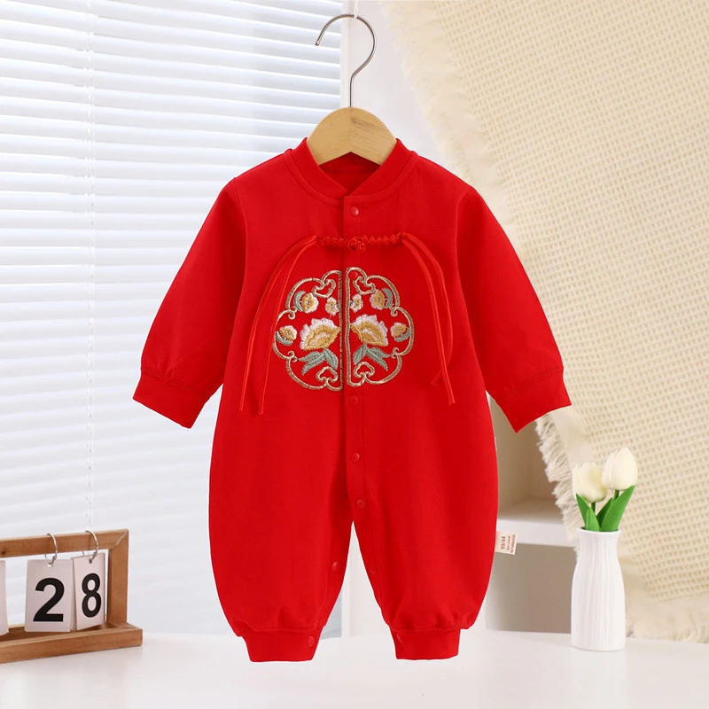 婴儿全红大红色连体衣秋衣纯棉抓周宝宝衣服百天满月服a类全棉100
