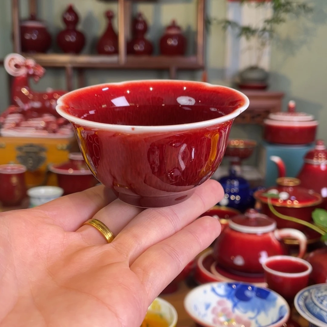 清欢雅玩原矿郎红福利花口杯