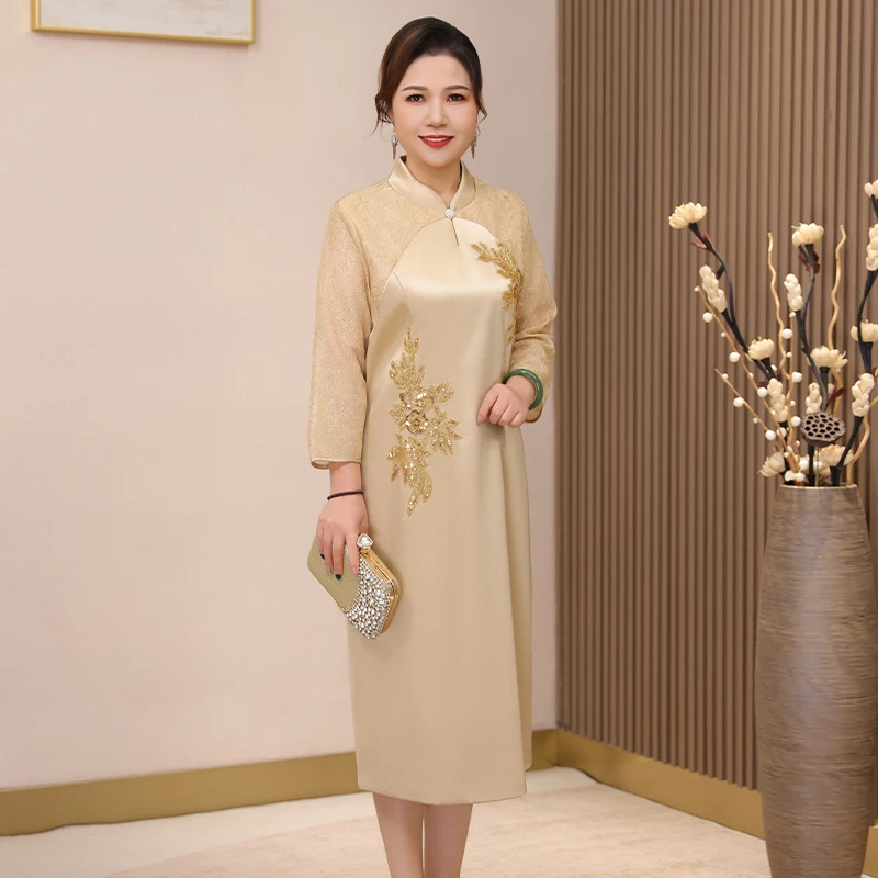 高贵喜妈妈旗袍款连衣裙喜婆婆婚宴装礼服十月结婚敬酒服订婚喜服