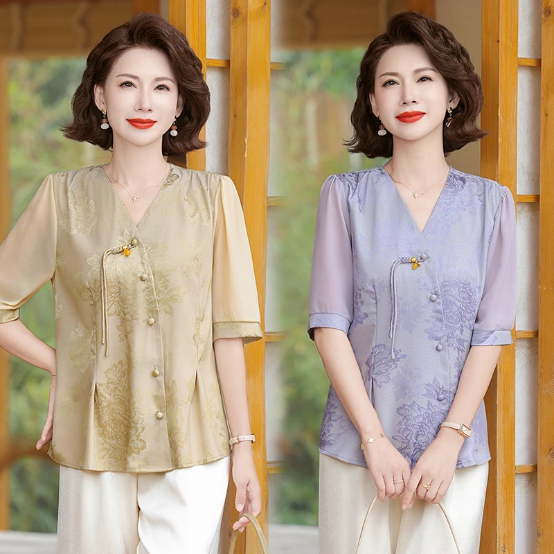 中年妈妈夏装国风衣服短袖小衫2025新款洋气中老年宽松新中式套装
