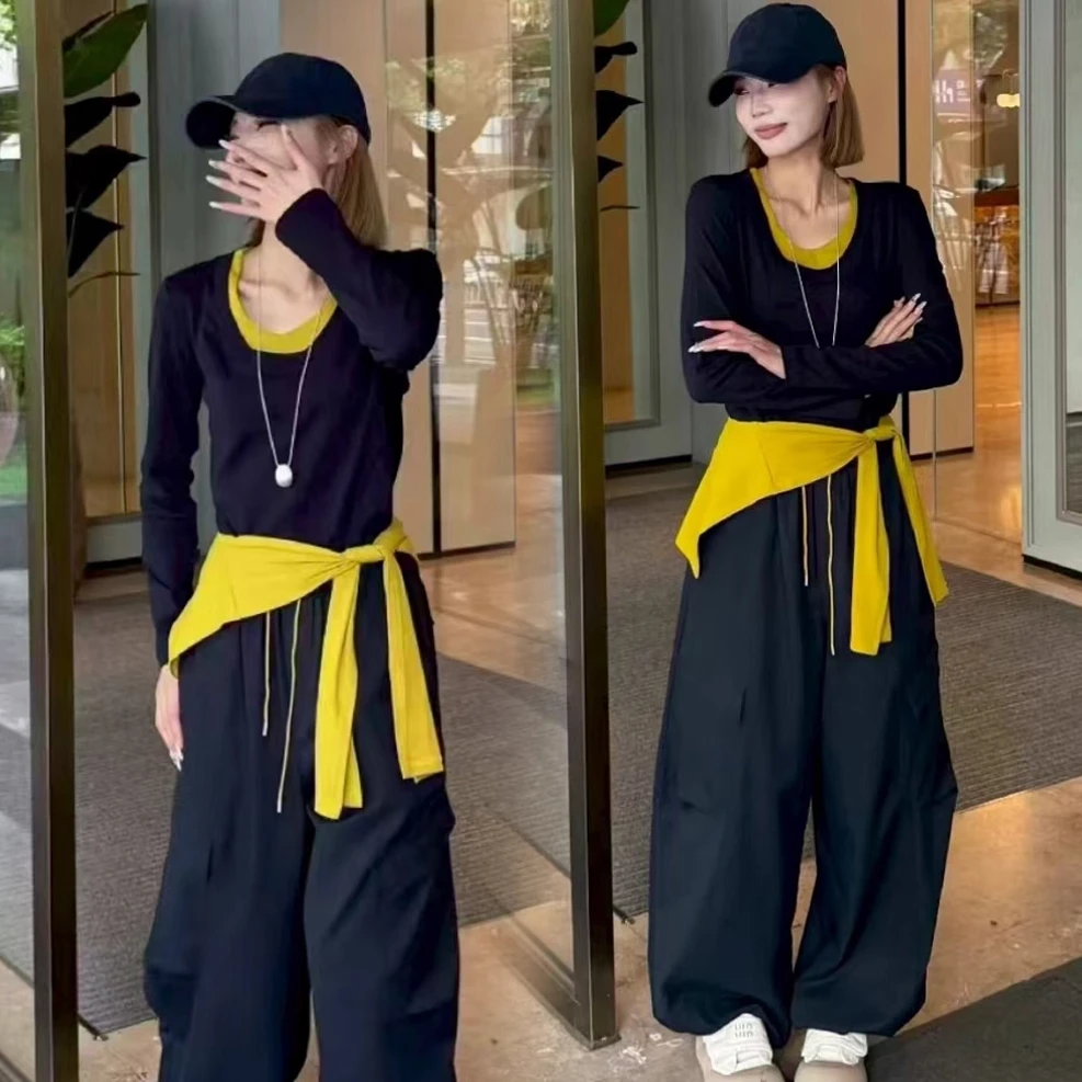 时尚套装女2025秋季新款韩范时髦减龄撞色T恤披肩阔腿裤三件套潮