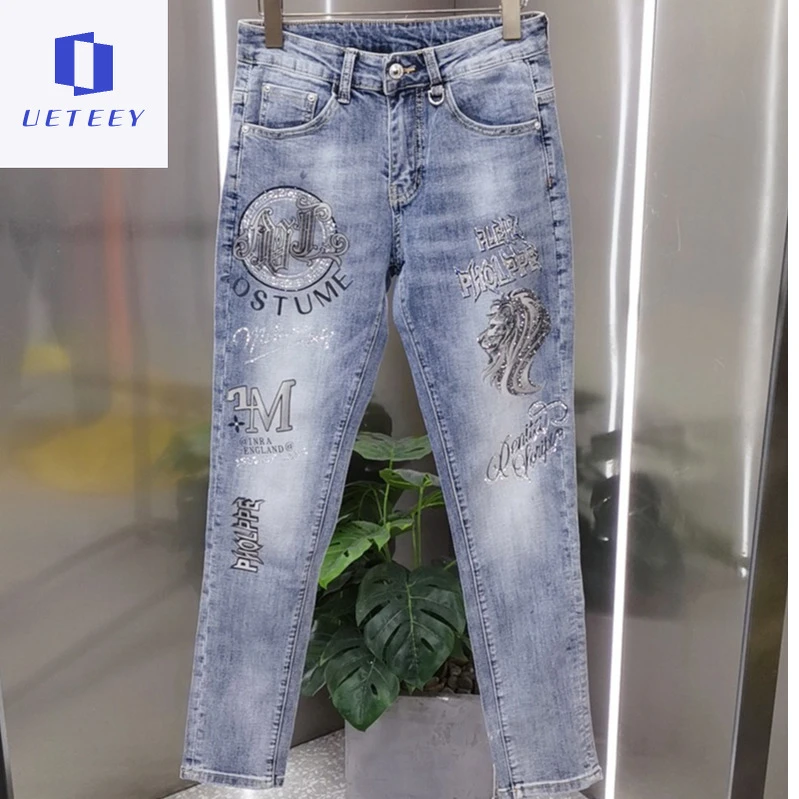 2025春夏季新款男士牛仔裤潮流印花薄款休闲青年时尚修身小脚长裤