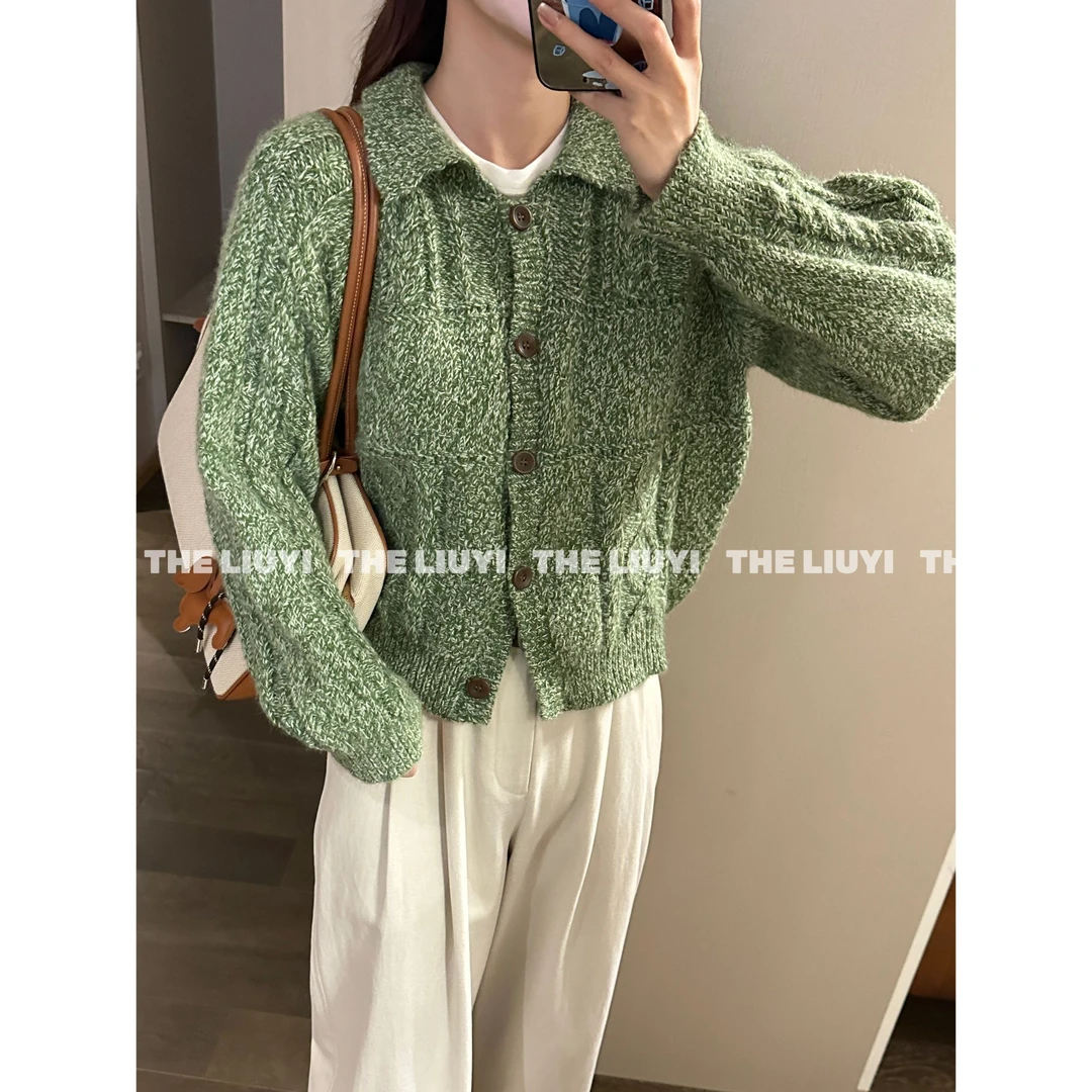 【LIUYI】松绿毛衣～复古花纱翻领针织毛衣58073