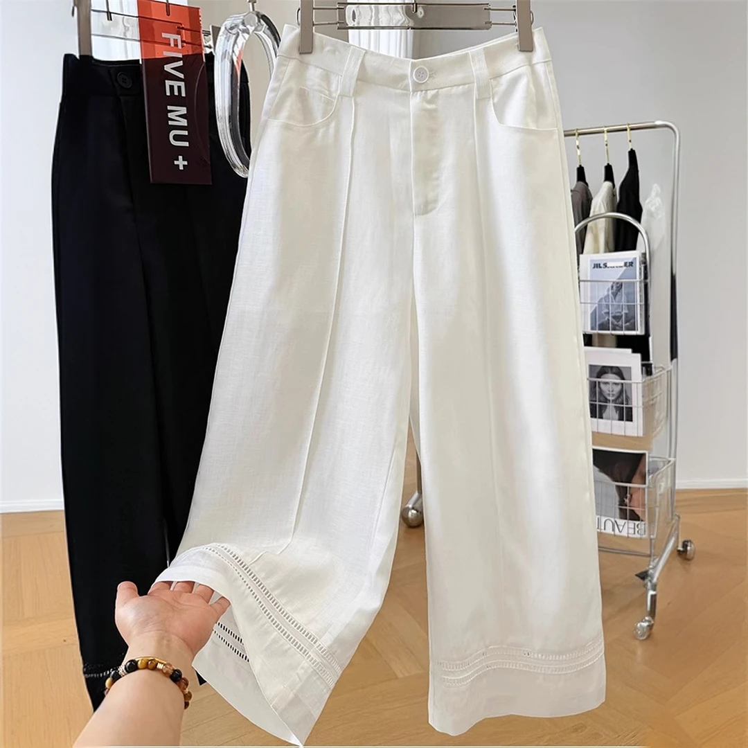 高级感天丝棉气质休闲裤女夏季薄款宽松阔腿直筒九分裤韩系裤子潮