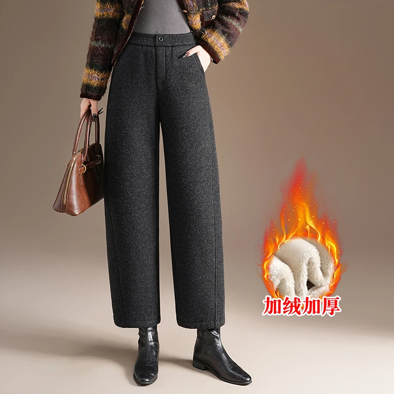 时尚加绒加厚哈伦裤女小个子冬季2025新款松紧腰显瘦直筒休闲裤子