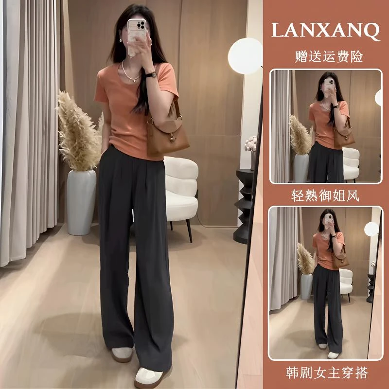 2025年气质薄款上衣短袖T恤休闲风阔腿裤高级感套装小个子轻职风