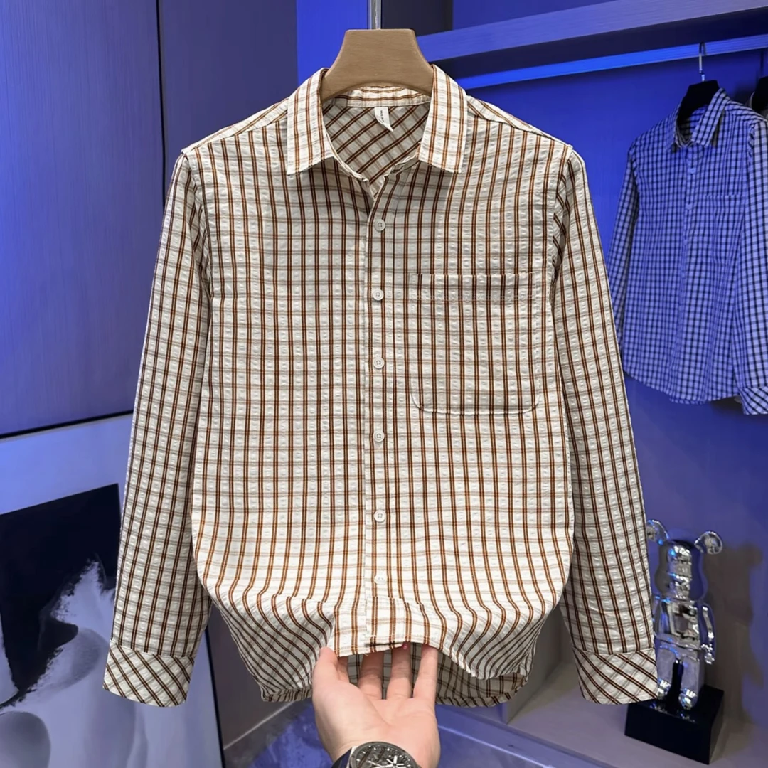 轻奢潮流日系复古格子衬衫时尚男装春秋长袖上衣宽松弛格纹衬衣