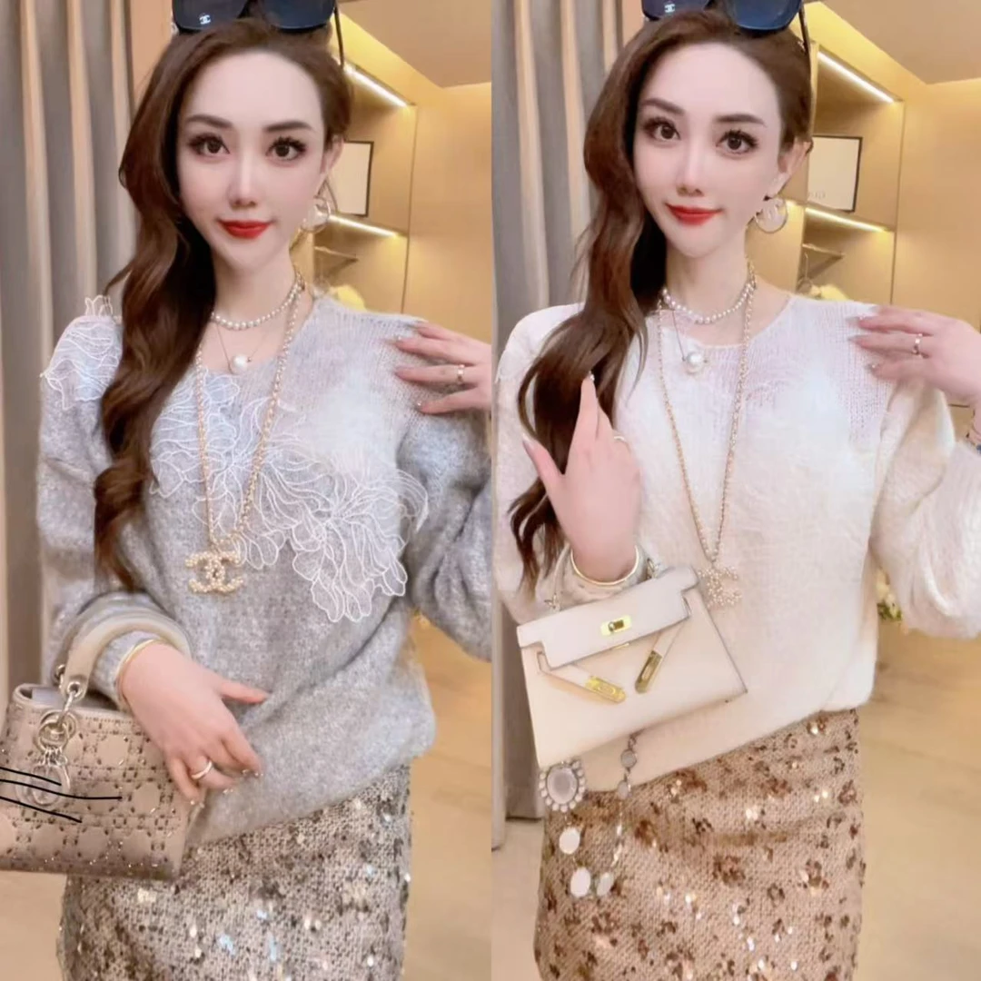 【蒲公英】重工蕾丝轻奢百慵懒风针织上衣