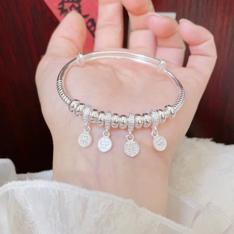 足银手镯 足银手镯 【A31】足银999钱串子新中式平安喜乐推拉手镯