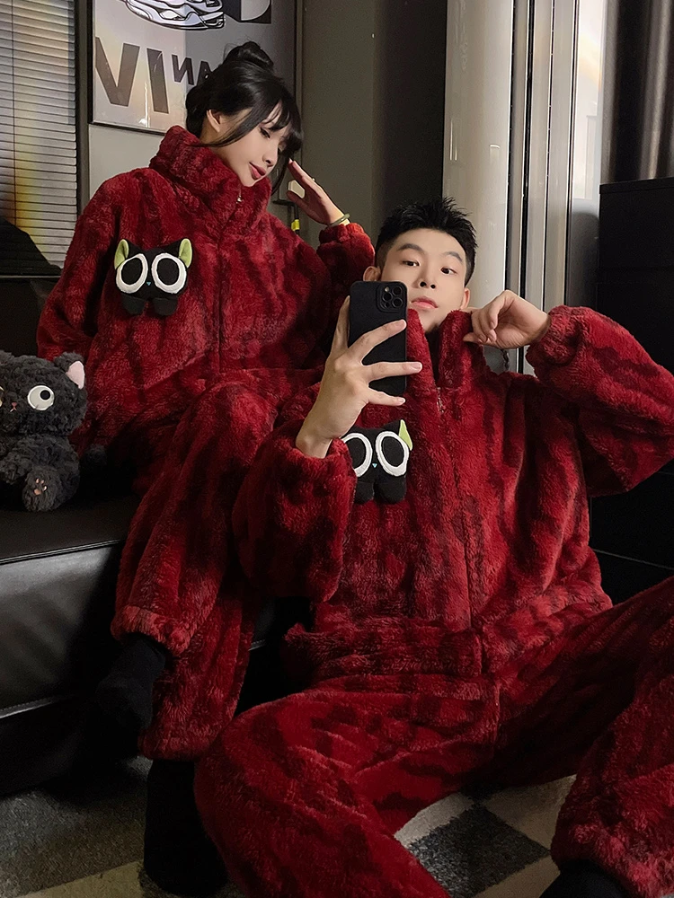情侣睡衣女珊瑚绒冬季红色喜庆本命年卡通男士加绒加厚家居服套装