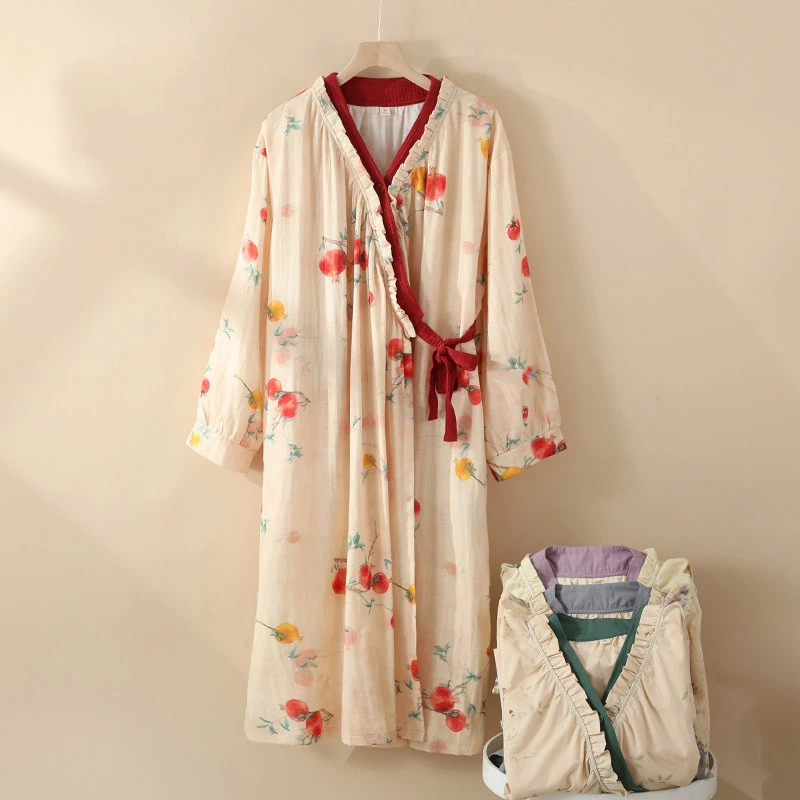 新款纯棉纱布睡裙女春秋季复古风新中式全棉家居服大码睡衣女