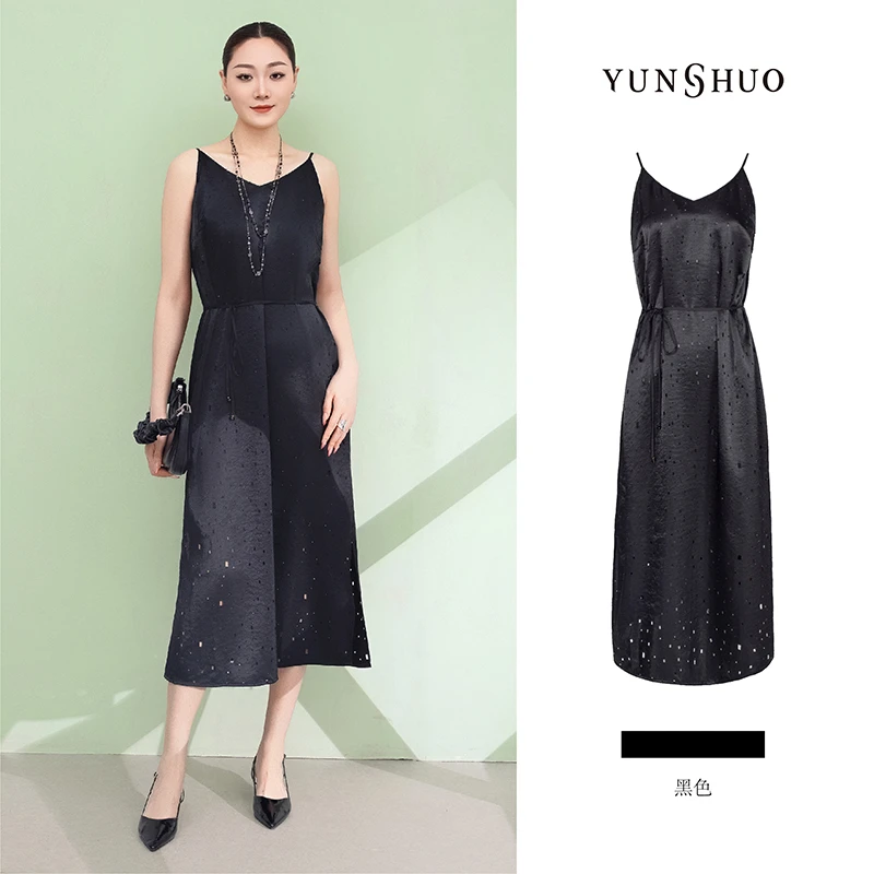 允硕夏季新品时尚百搭V领破洞粘钻气质高腰女装长款连衣裙569450