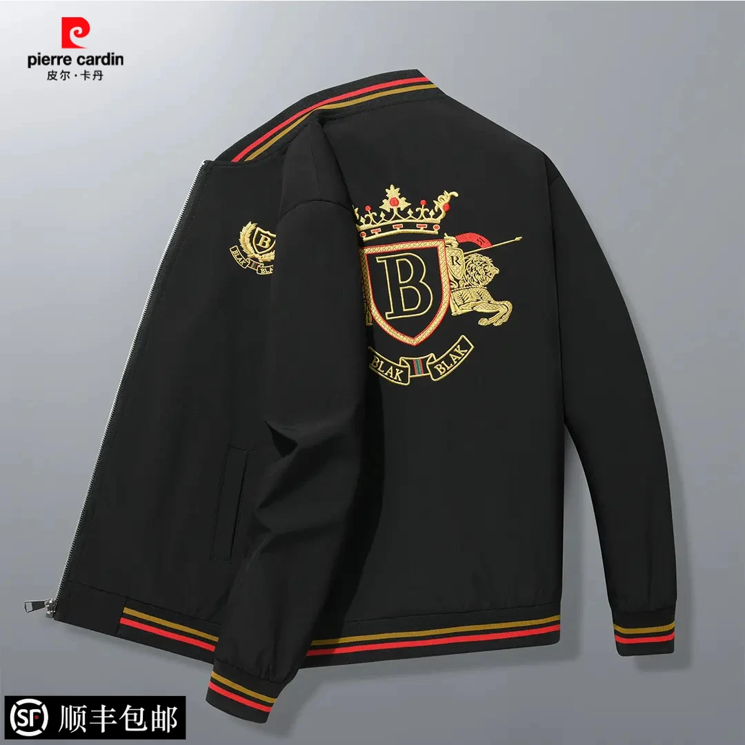 皮尔卡丹男士春秋季新款欧洲站时尚棒球领夹克潮流绣花休闲男外套