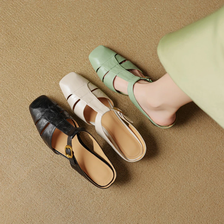 头层羊皮~5cm内增高2025新款真皮法式气质方头罗马鞋半拖鞋女外穿
