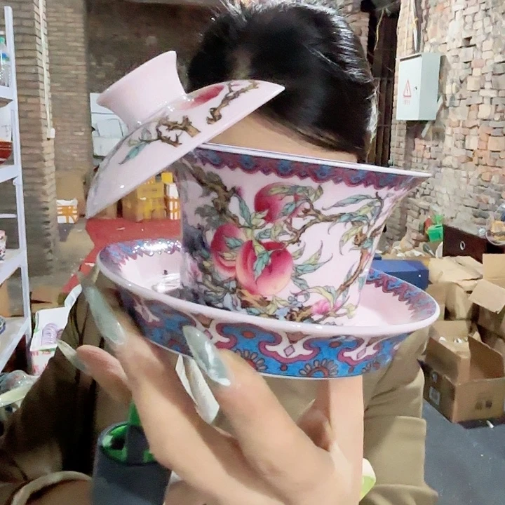 陶摆件景德镇高温陶瓷桃子画片三才盖碗