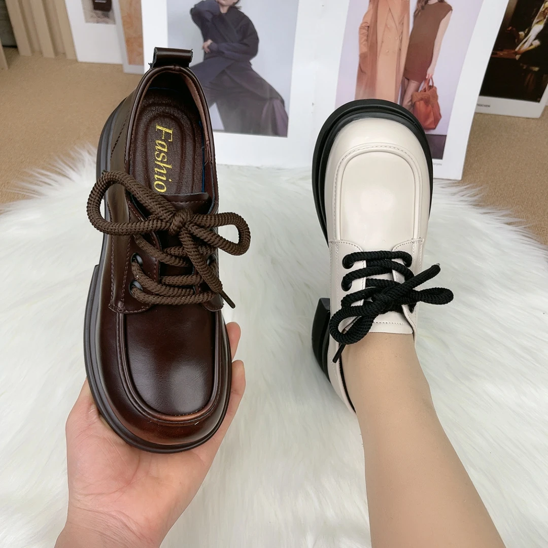 爆款厚底乐福鞋女2025新款系带粗跟小个子增高显瘦炸街小皮鞋