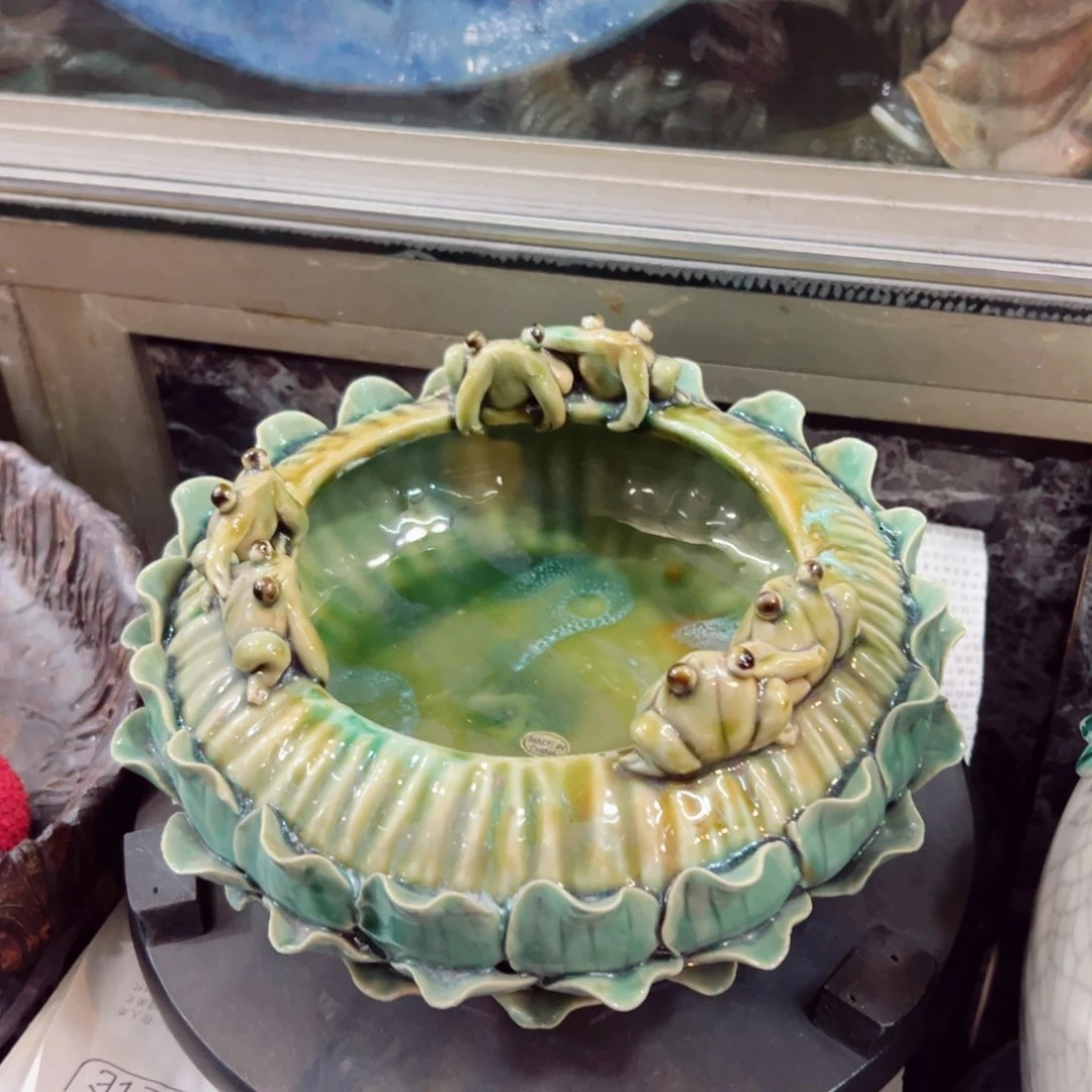 青蛙荷叶盆石湾陶艺纯手工制作