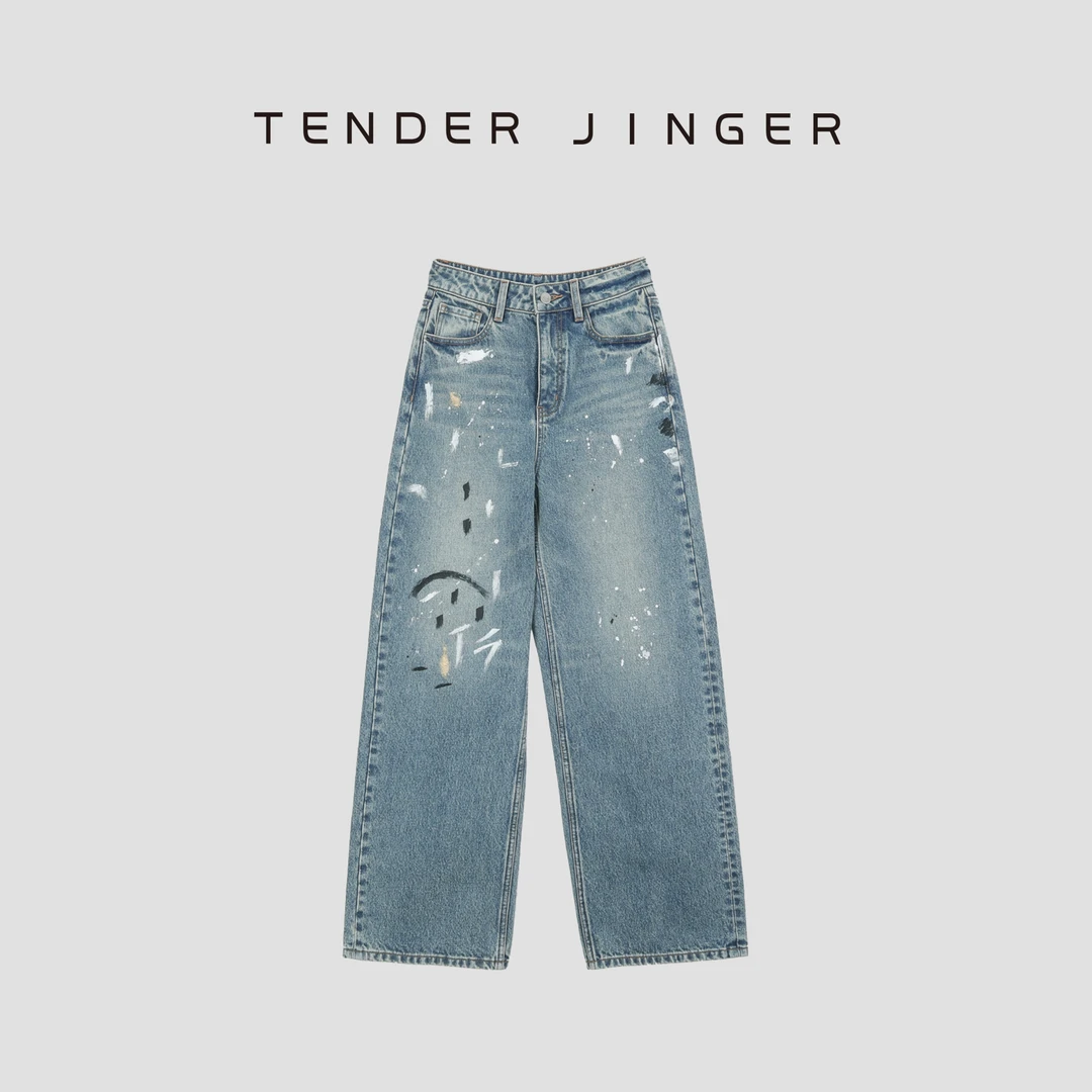 Tender Jinger【黑标】时尚复古美式泼墨涂鸦牛仔直筒裤T51SAI80012
