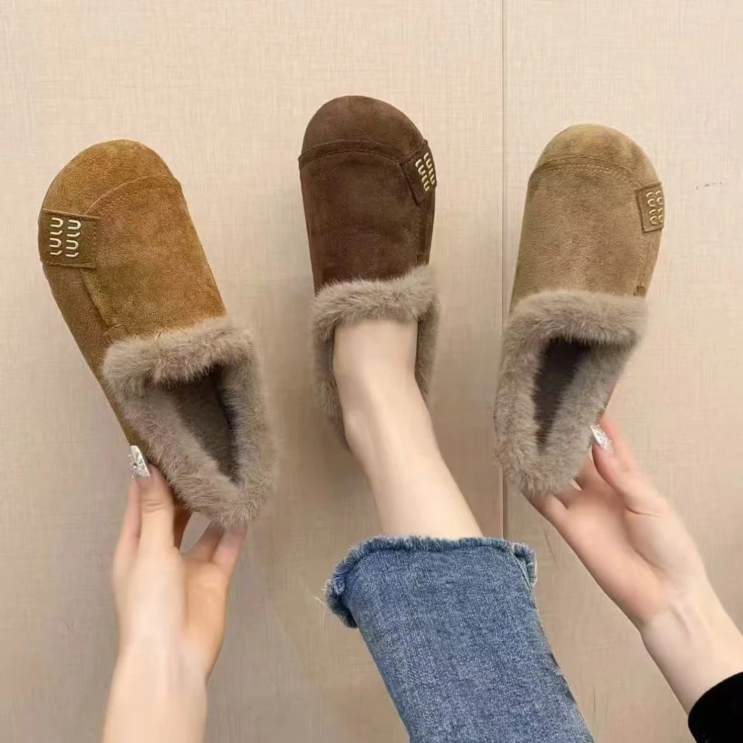 【运费险补贴】秋冬季新款防滑一脚蹬棉鞋女平底加绒保暖复古豆豆鞋