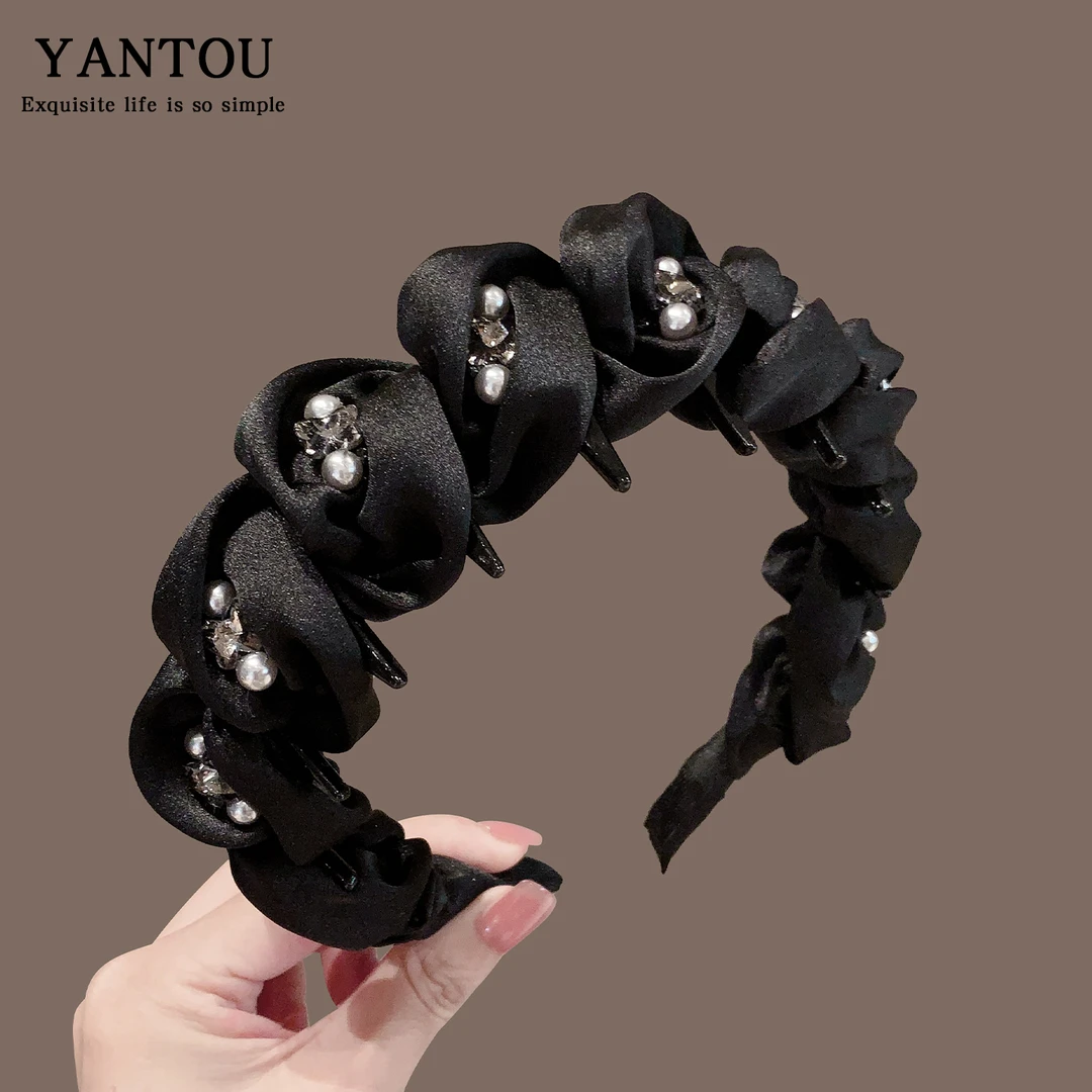 轻奢高级感褶皱泡泡带齿发箍女气质高颅顶百搭头箍宽边珠钻压发卡