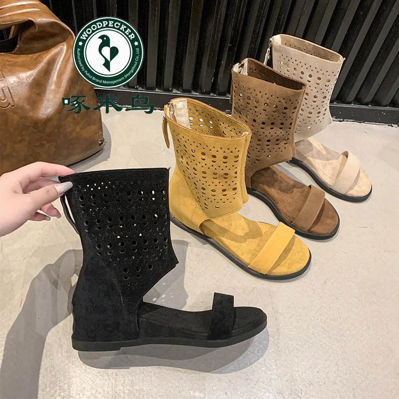 啄木鸟内增高3.5厘米库管凉靴女2025款波西米亚一字带罗马凉鞋女