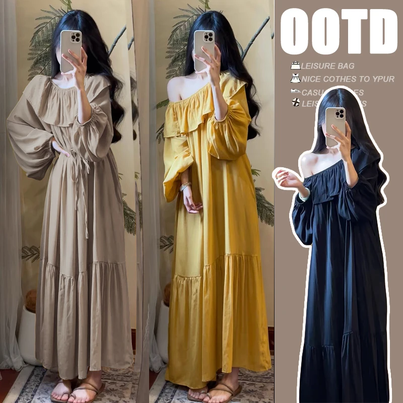 孕妇裙子极简秋季温柔一字领露肩系带收腰孕妈妈显瘦荷叶边连衣裙