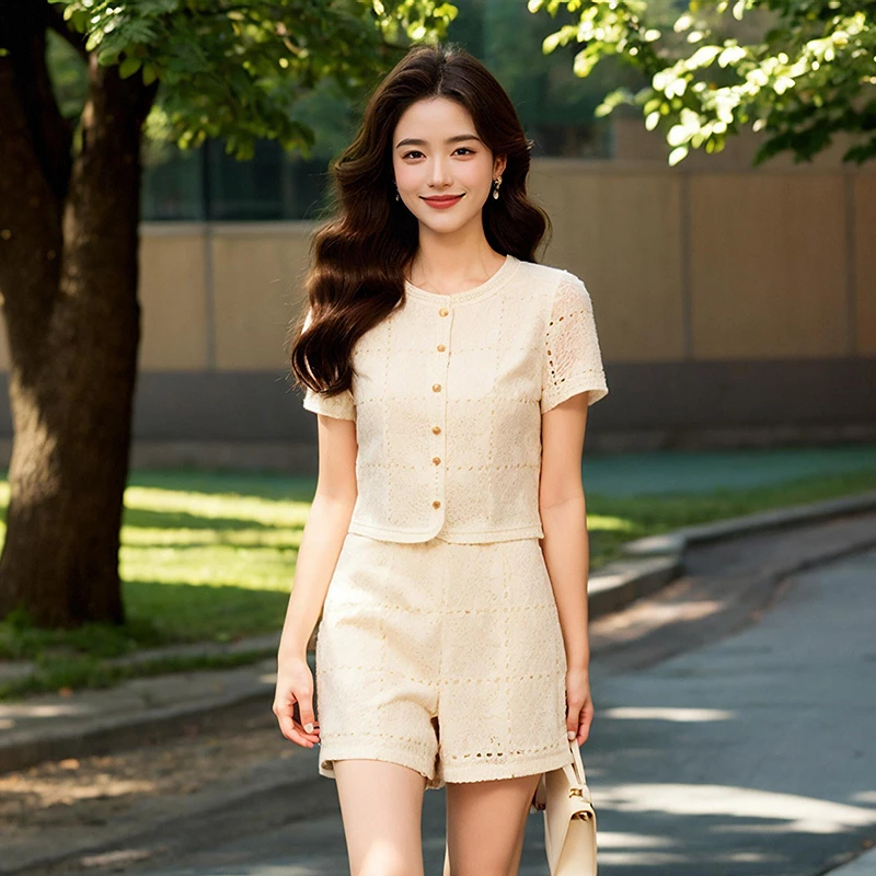 奢姿大码女装2025夏季名媛气质小香风镂空两件套胖妹妹时尚套装