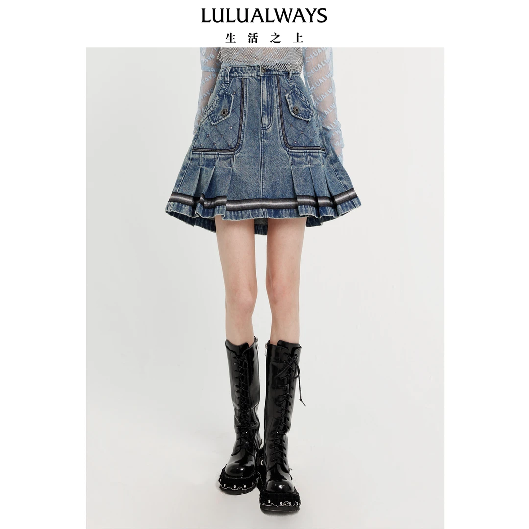 LULUALWAYS24春季新款减龄牛仔百褶裙