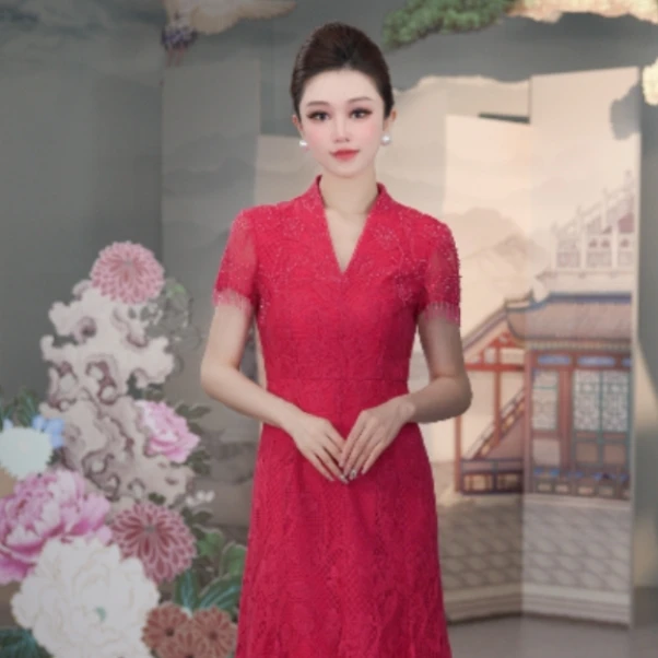 SUSSI/古色“热情浪漫” 前V后立领短袖钉珠鱼尾摆蕾丝连衣裙