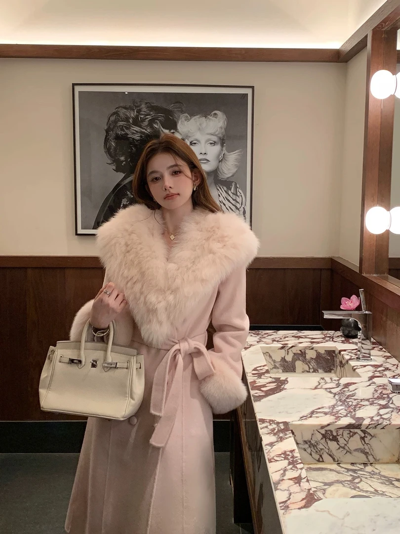 2025秋冬新款双面羊毛大衣中长款毛领呢子外套女