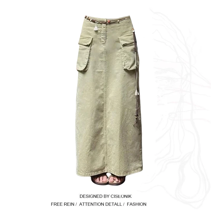 大码设计感高腰后开叉工装半身裙女2025夏街头复古工装口袋中长裙