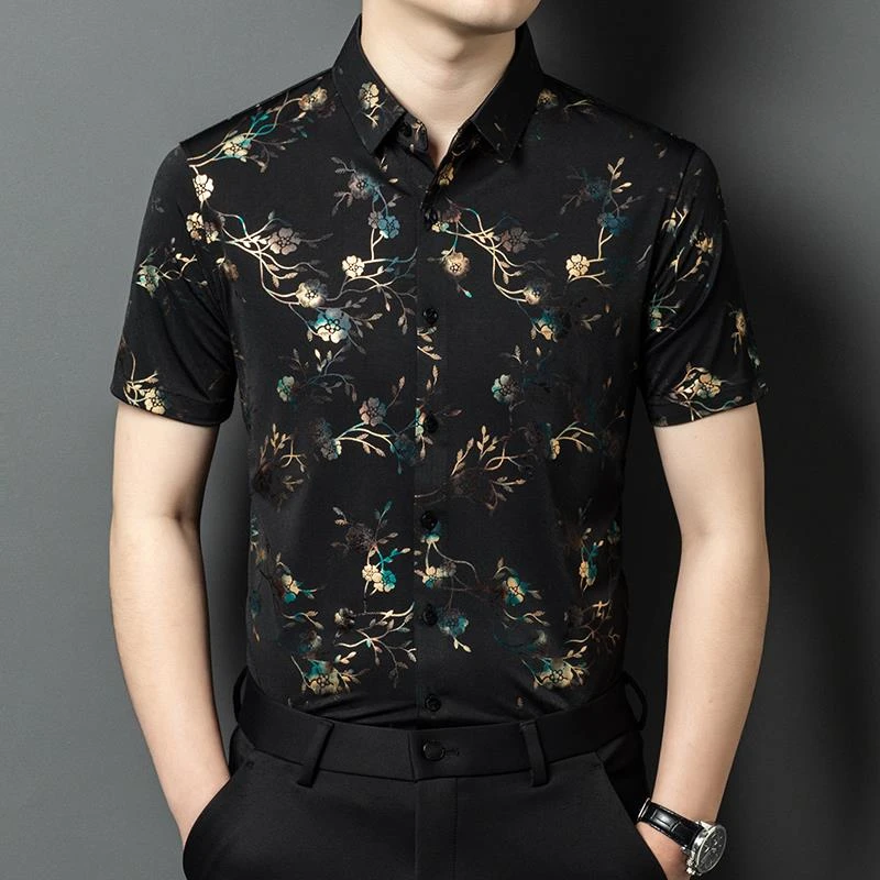 老爷车夏季中年男士冰丝短袖衬衫中国风仿桑蚕丝潮流印花半袖衬衣