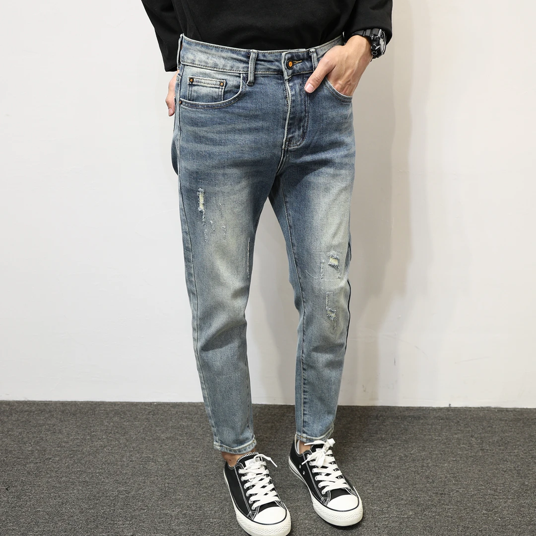 2025秋冬男士新款牛仔裤修身小脚九分裤破洞猫抓水洗蓝色百搭时尚