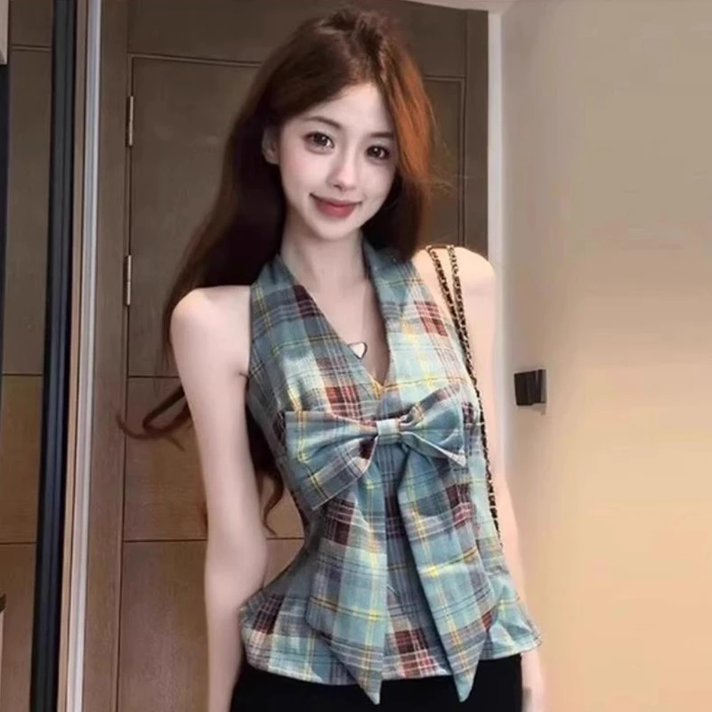 微胖巨好看撞色格纹V领吊带背心女夏季大码设计感蝴蝶结挂脖上衣