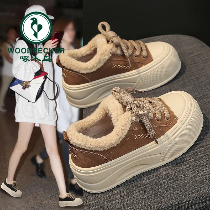 啄木鸟厚底棉鞋女款2025新款冬季女鞋百搭增高加绒板鞋保暖冬鞋子