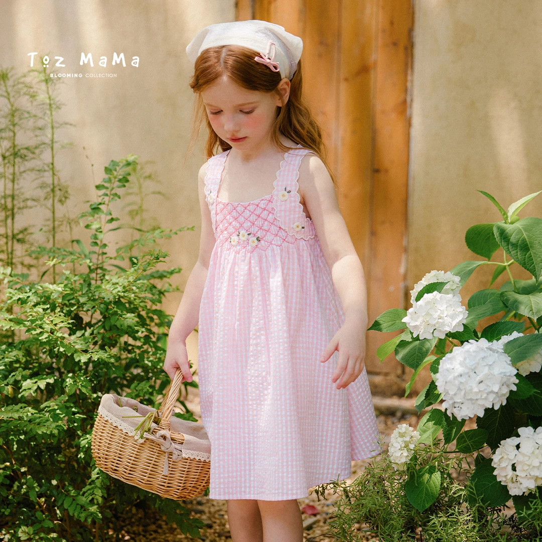 Toz Girls豆几妈6/10手工打揽格子背心裙女童小花连衣裙夏季裙子