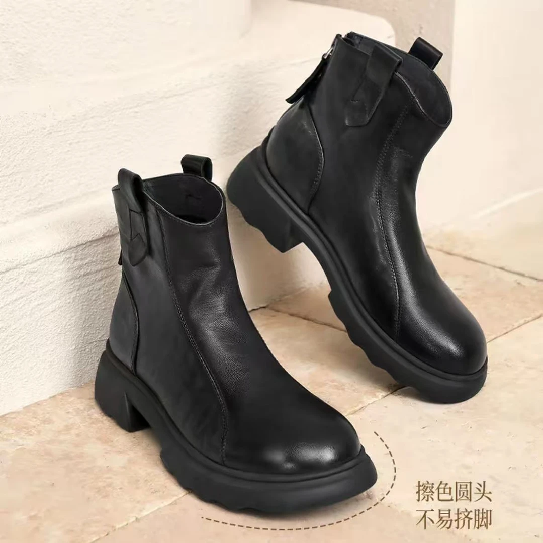 冬季厚款复古厚底黑色瘦瘦靴平底圆粗跟短靴加绒时尚潮流TY1295